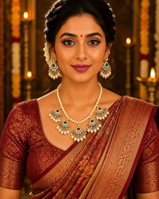 Kundan Pearl Necklace Set for Women, Indian Wedding Jewelry, Traditional Gold Plated Bridal Set
