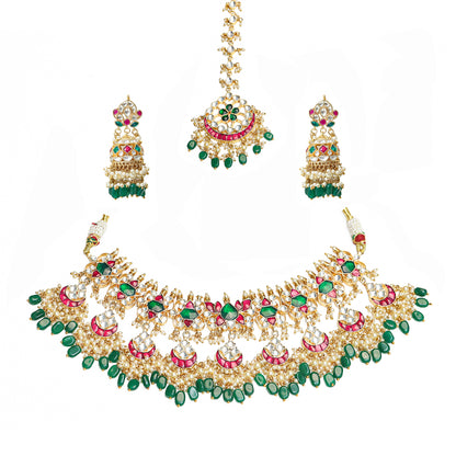 Bridal Kundan Choker Set, Multicolor Necklace With Earrings & Maang Tikka