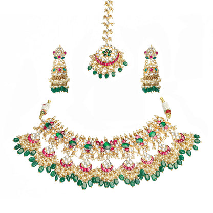 Gold Plated Kundan Choker Necklace Set with Tikka, Pink Green Beads Bridal Jewelry