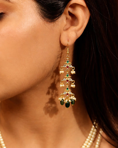 Multi Layer Raani Haar Pearl Kundan Bridal Necklace Set, Green Beaded Wedding Jewelry, Gold Statement Necklace with Earrings