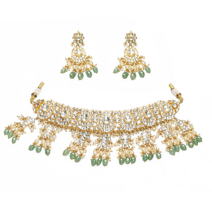 Kundan Choker Set Jewelry, Green Beads Bridal Necklace, Drop Earrings