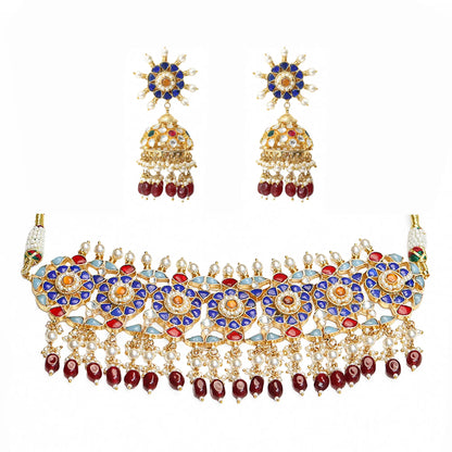 Kundan Choker Necklace Set with Jhumka Earrings, Traditional Indian Bridal Jewelry, Pearl & Ruby Beaded Gold Choker, Wedding Jewelry Set