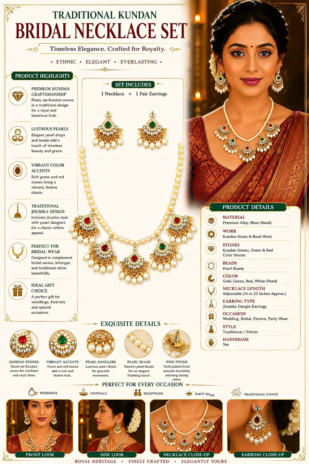 Kundan Pearl Necklace Set for Women, Indian Wedding Jewelry, Traditional Gold Plated Bridal Set
