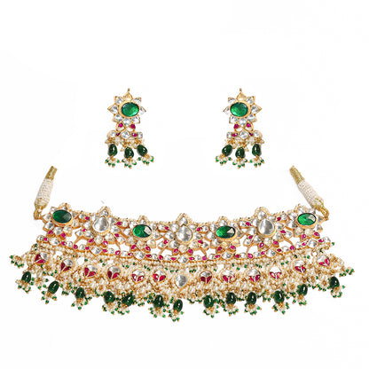 Gold Plated Kundan Sparkling Choker & Earrings Set – Bridal Necklace