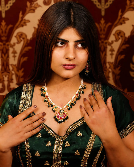 Red Green Kundan Necklace Set, Traditional Indian Bridal Jewelry, Adjustable Thread Necklace, Ethnic Gold Statement Necklace with Earrings
