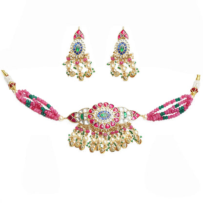 Pink Kundan Choker Necklace Set with Earrings, Indian Bridal Jewelry, Green Beaded Choker, Traditional Wedding Necklace, Pearl Drop Jewelry