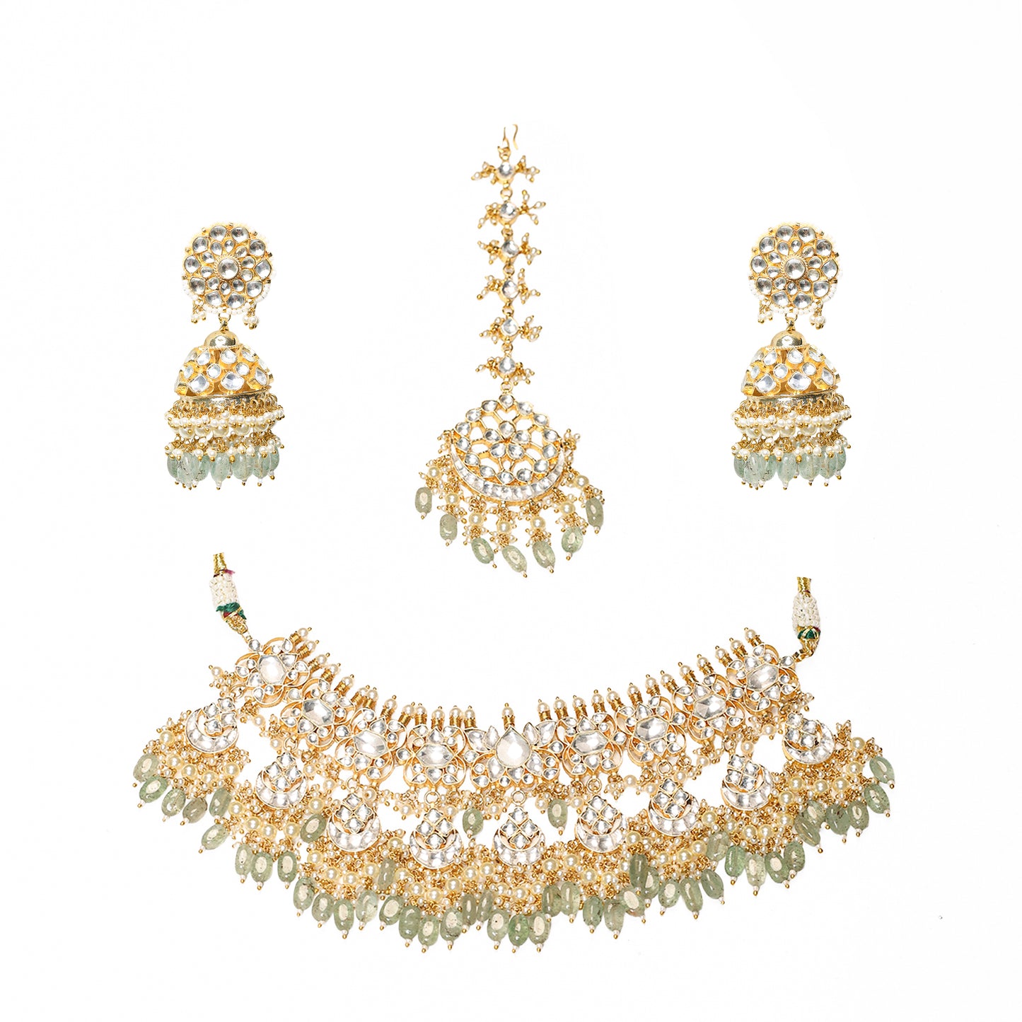 Gold Plated Kundan Bridal Choker Set, Pearl Drop Earrings & Maang Tikka