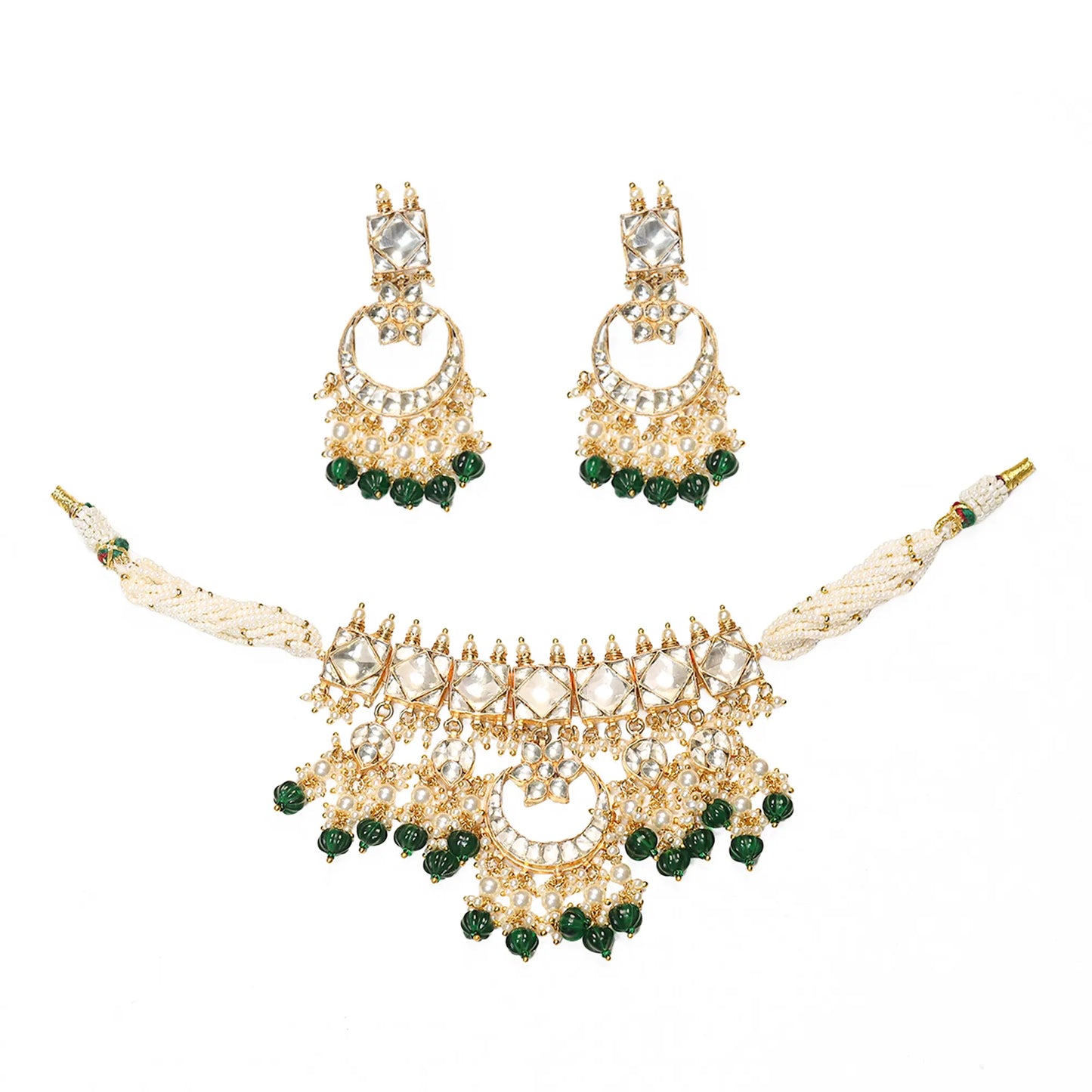Handcrafted Kundan Choker Set, Pearl Necklace, Green Bead Earrings Jewelry