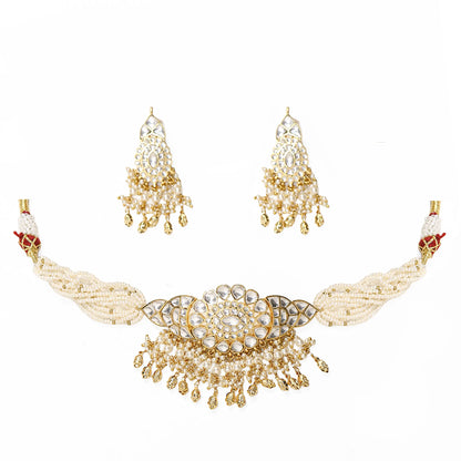 Pearl Kundan Choker Necklace Set with Earrings, Indian Bridal Jewelry, White Stone Choker, Traditional Wedding Jewelry, Gold Necklace