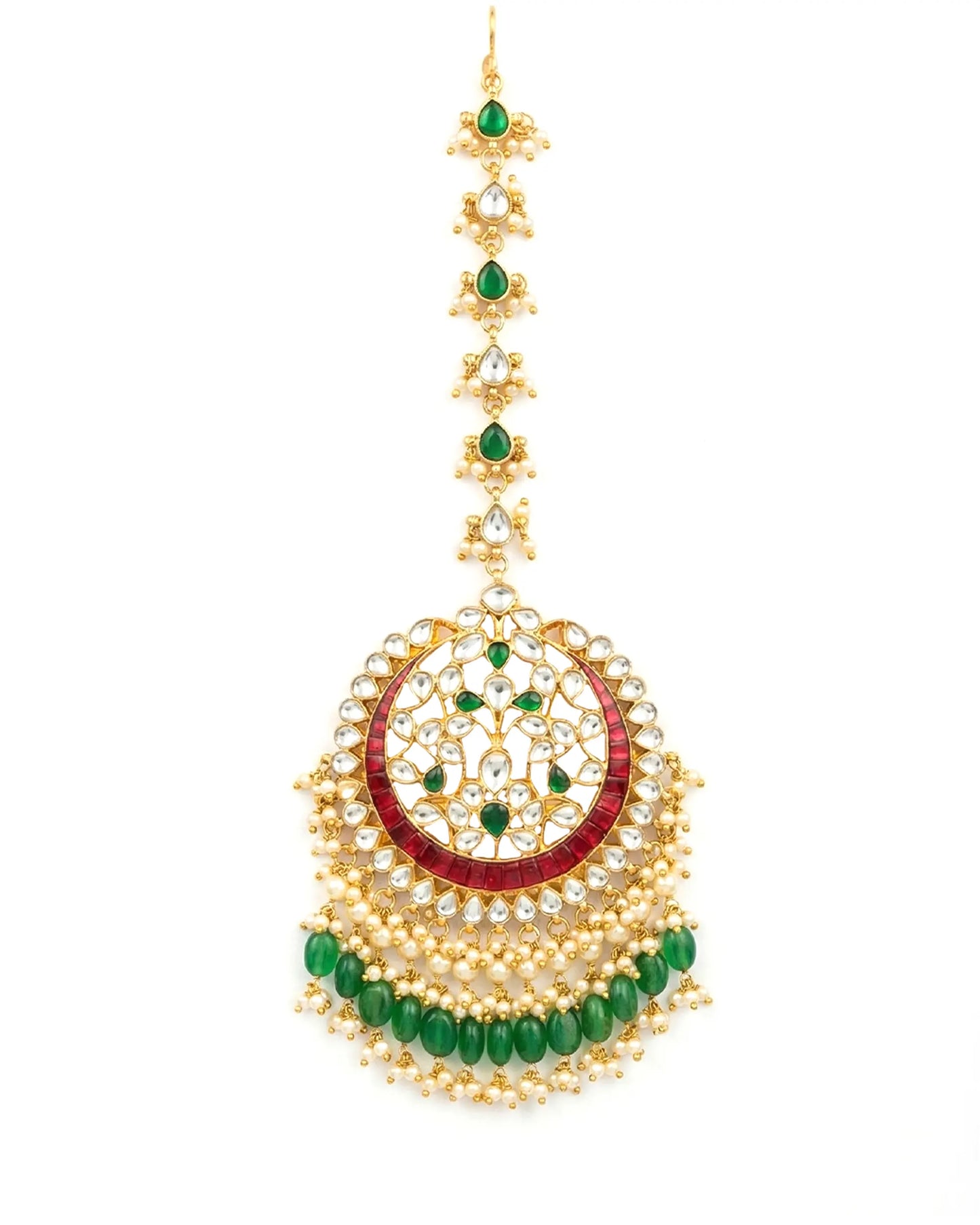 Kundan Maang Tikka, Pearl Jadau Bridal Jewelry with Green Beads
