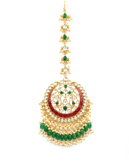 Kundan Maang Tikka, Pearl Jadau Bridal Jewelry with Green Beads