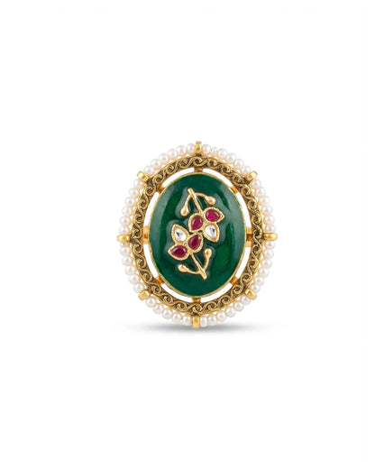 Oval Kundan Statement Ring, Green Floral Pearl Border, Traditional Cocktail Jewelry