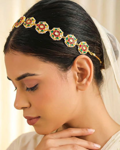 Bridal Kundan Matha Patti Headpiece, Pearl Floral Wedding Jewelry, Boho Forehead Chain