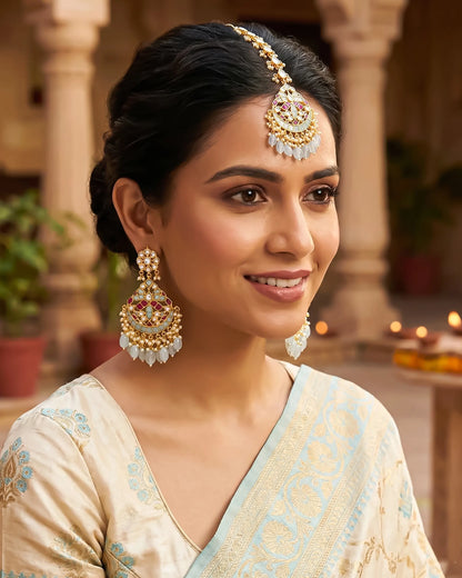 Gold Plated Kundan Tikka Set with Earrings