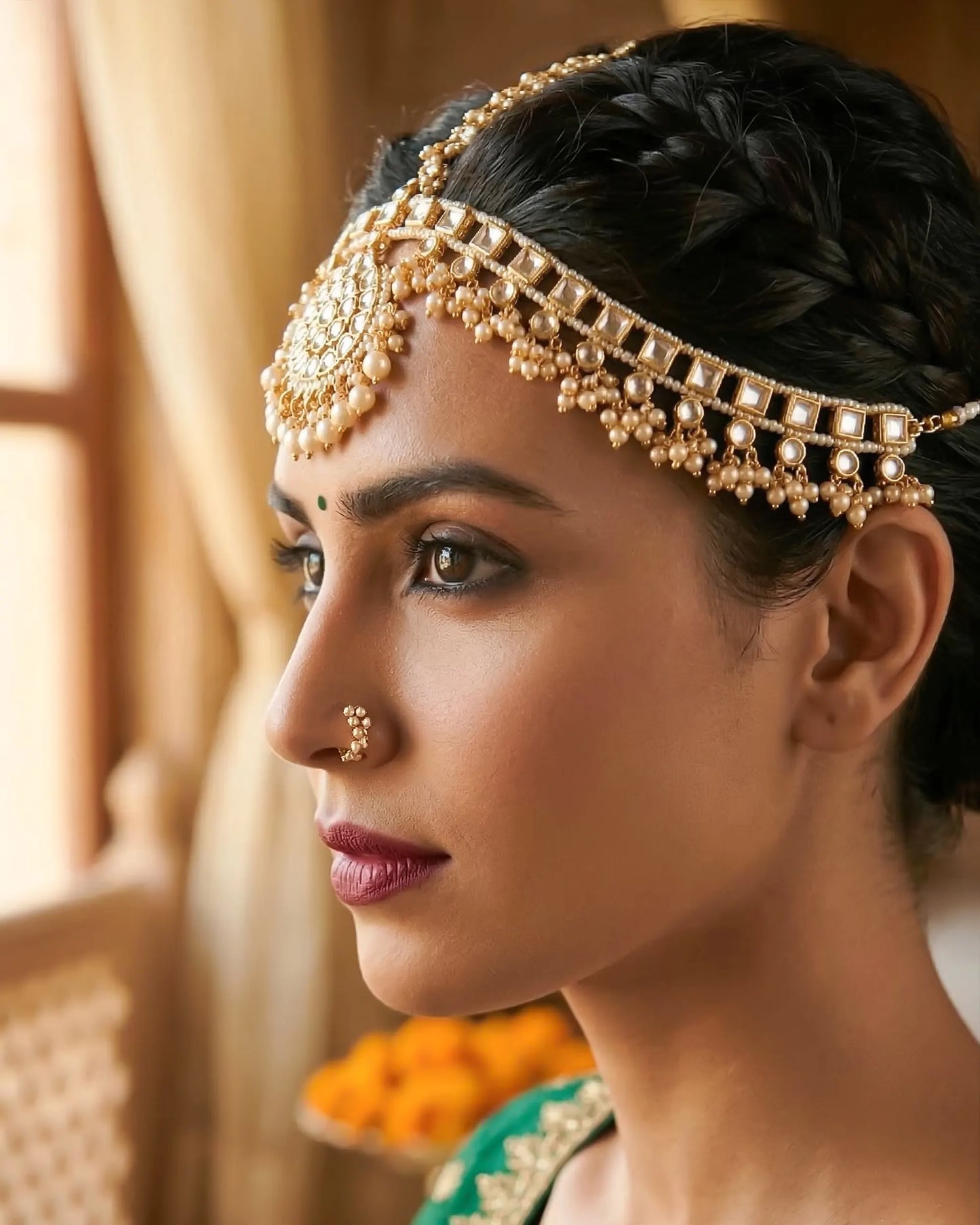 Handmade Gold Kundan Pearl Bridal Sheeshpatti Maang Tikka Headpiece, Traditional Mughal-inspired Wedding Jewelry, Bridal Head Jewelry Set