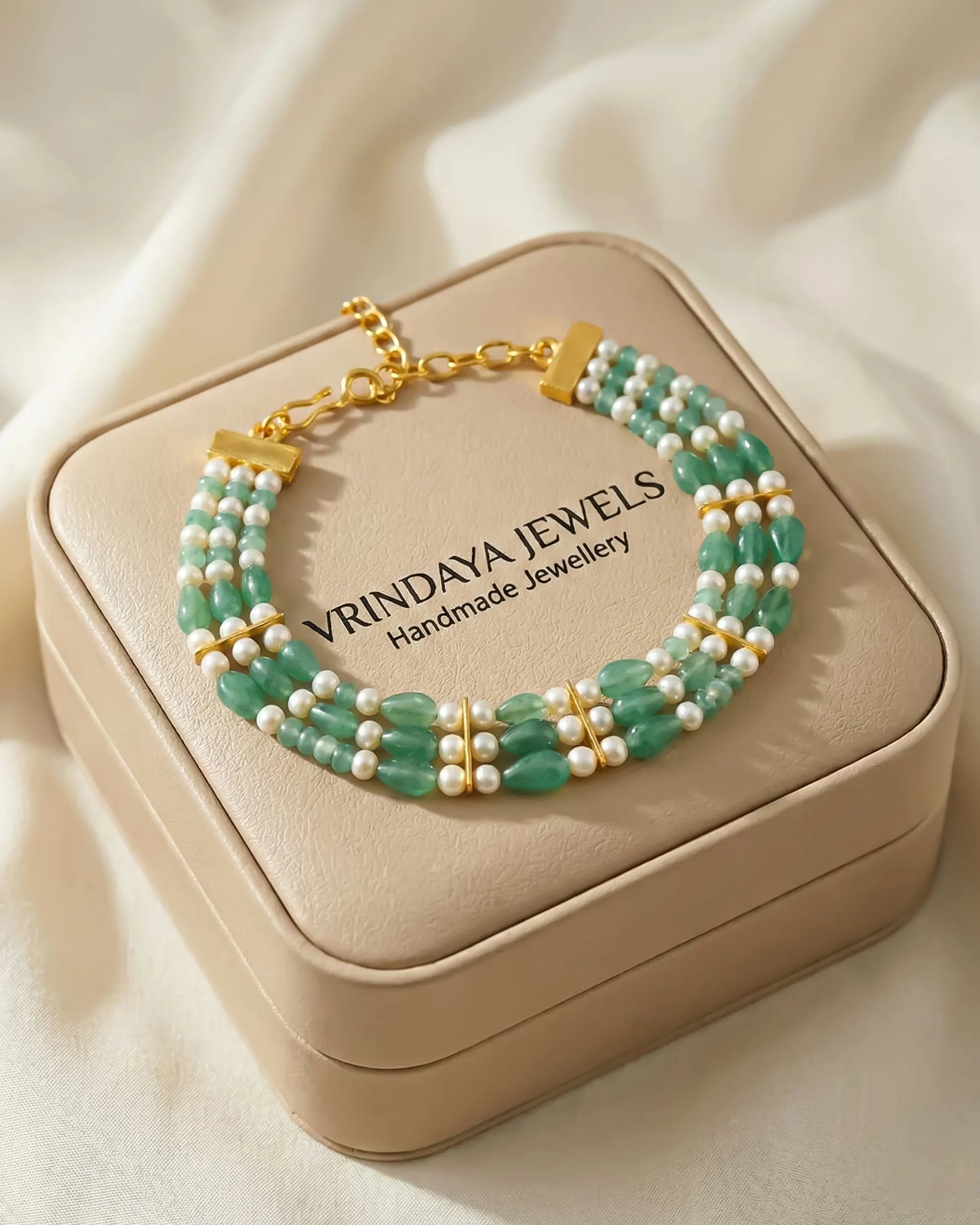 Multi-Layer Pearl Green Beds Bracelet, Gold Tone Handmade Elegant Jewelry Gift for her