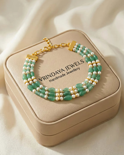 Multi-Layer Pearl Green Beds Bracelet, Gold Tone Handmade Elegant Jewelry Gift for her