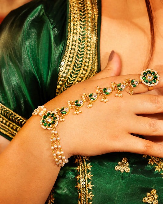 Kundan Pearl Hathphool Bridal Hand Harness, Green Stone Indian Hand Jewelry