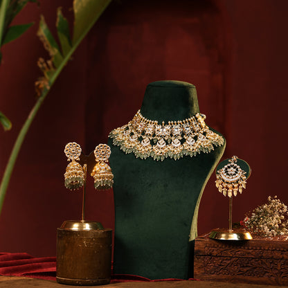 Gold Plated Kundan Bridal Choker Set, Pearl Drop Earrings & Maang Tikka