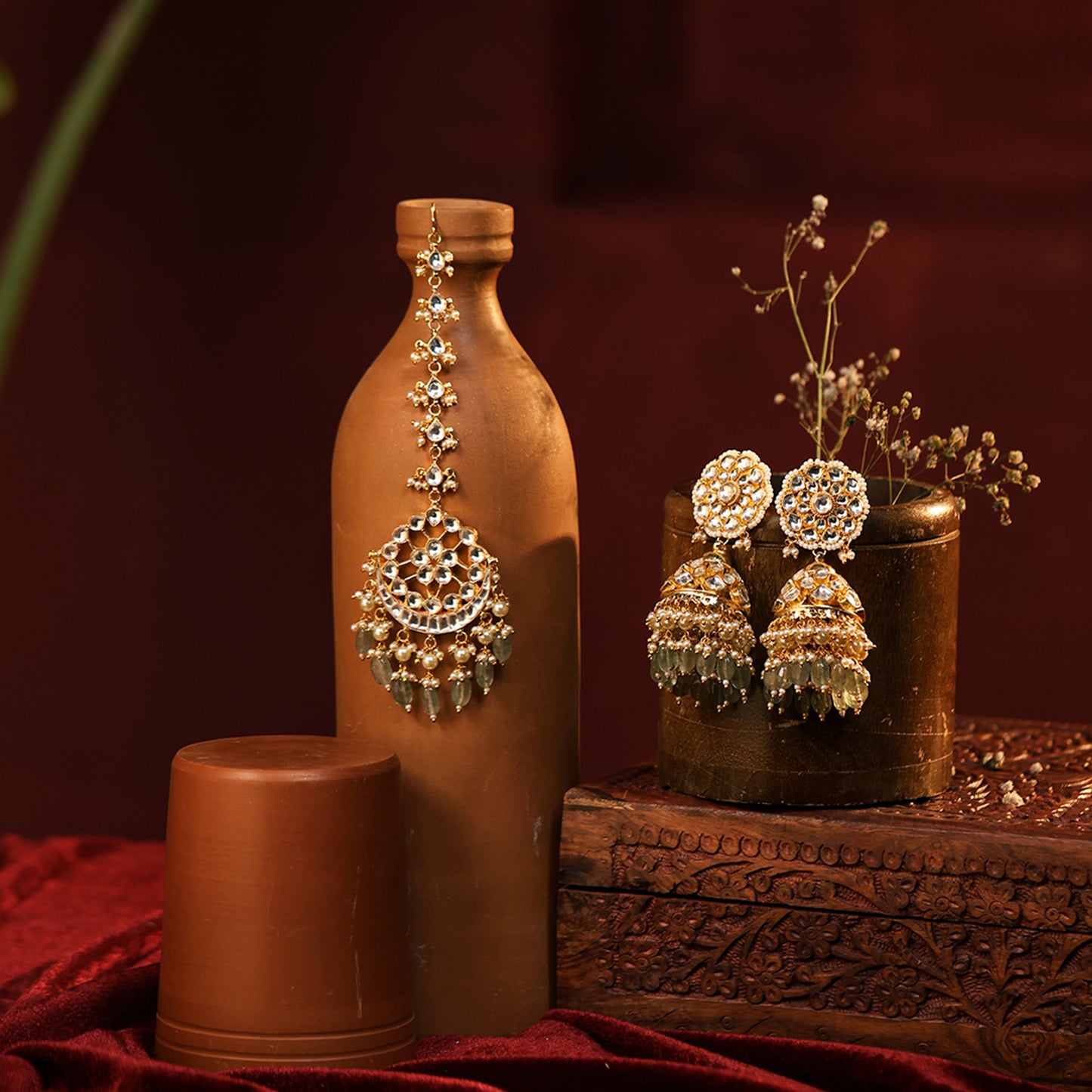 Gold Plated Kundan Bridal Choker Set, Pearl Drop Earrings & Maang Tikka