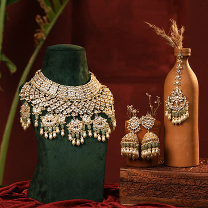Kundan Bridal Necklace Set with Mint Green Beads, Indian Wedding Jewelry Set, Gold Pearl Choker Necklace, Pakistani Bridal Jewelry