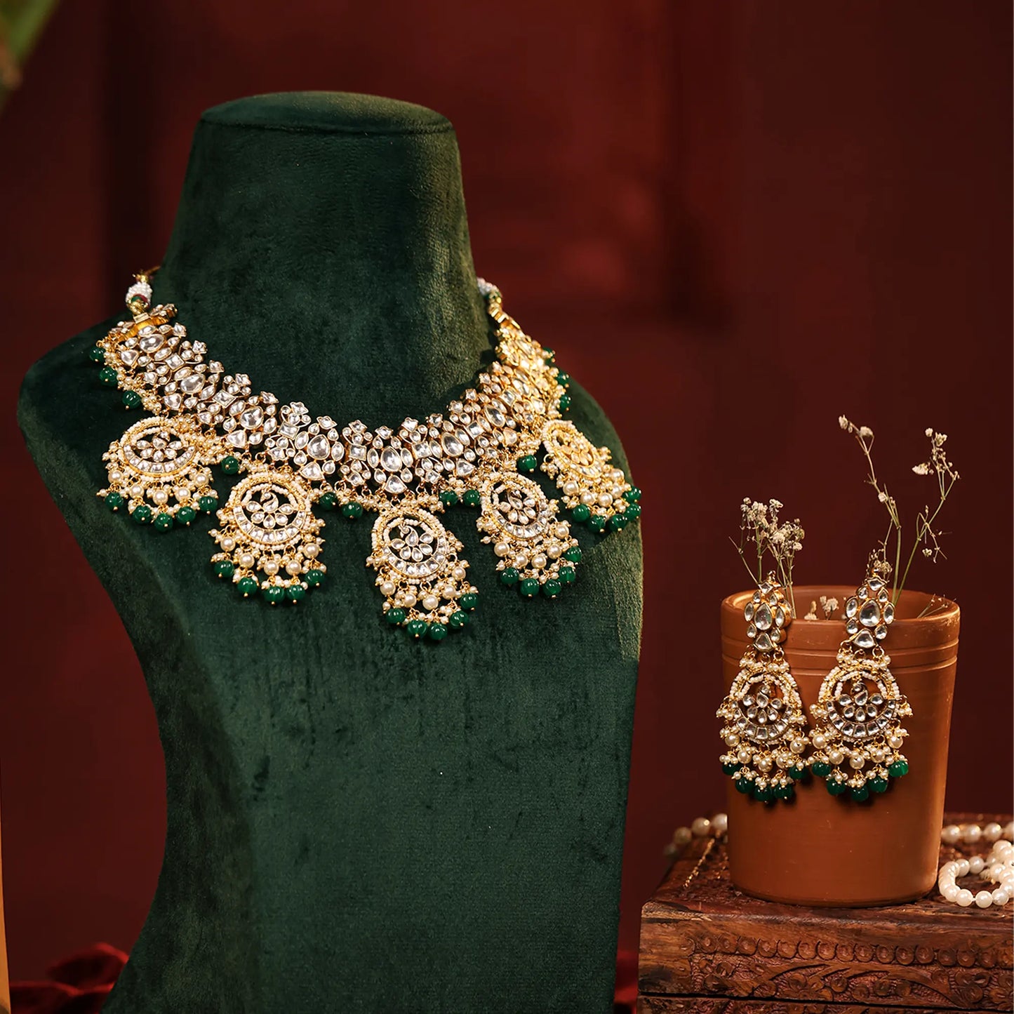 Kundan Polki Choker Green Beads Necklace Set: Indian Wedding Jewelry, 18k Gold Plated Bridal Jewelry Gift for her