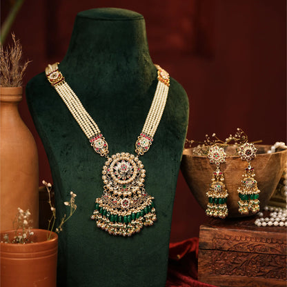 Gold Plated Kundan Pendant Set with Pearl Drop Earrings & Maang Tikka, Indian Wedding Jewelry Set
