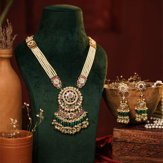 Gold Plated Kundan Pendant Set with Pearl Drop Earrings & Maang Tikka, Indian Wedding Jewelry Set
