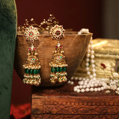 Gold Plated Kundan Pendant Set with Pearl Drop Earrings & Maang Tikka, Indian Wedding Jewelry Set