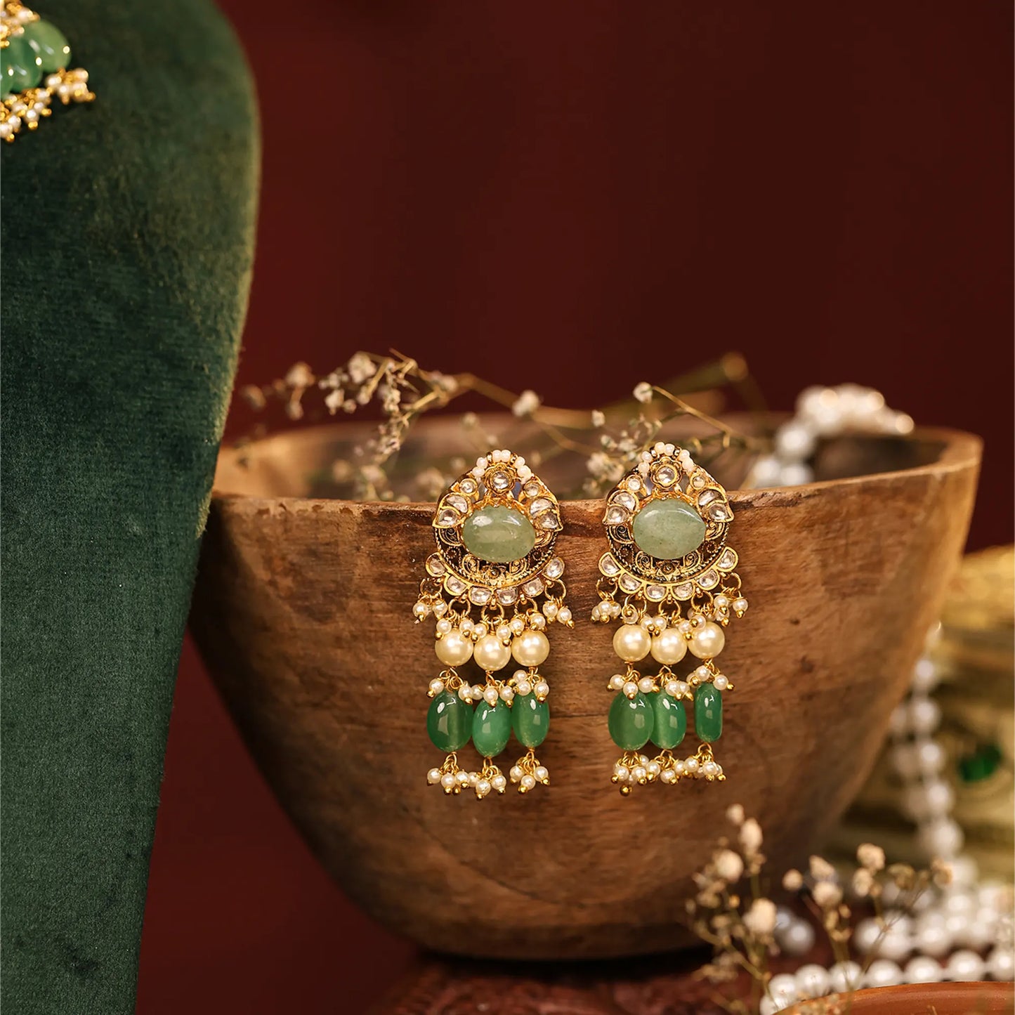 Green Kundan Choker Set with Pearl Drop Earrings, Indian Bridal Jewelry, Gold Plated Wedding Necklace Set