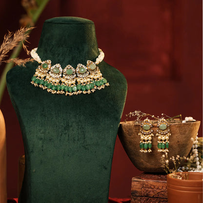 Green Kundan Choker Set with Pearl Drop Earrings, Indian Bridal Jewelry, Gold Plated Wedding Necklace Set