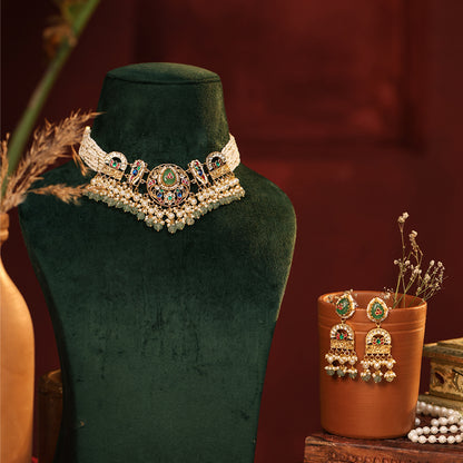 Anvika Green Kundan Choker Necklace Set – Indian Festive Jewellery
