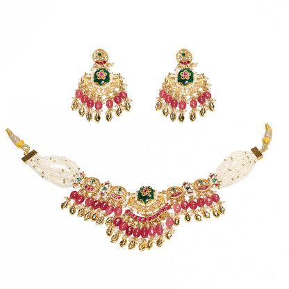 Pink Kundan Choker Necklace Set with Earrings, Indian Bridal Jewelry, Green Beaded Choker, Traditional Wedding Necklace, Pearl Drop Jewelry