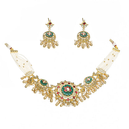 Kundan Choker Set with Green Bead Necklace & Earrings, Indian Bridal Wedding Jewelry gift for her