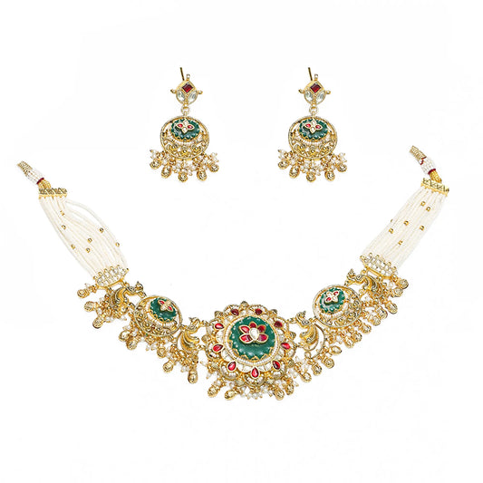 Kundan Choker Set with Green Bead Necklace & Earrings, Indian Bridal Wedding Jewelry gift for her