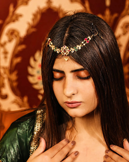 Bridal Kundan Sheeshpatti Matha Patti with Pearl Drop | Indian Wedding Head Jewelry | Traditional Gold Headpiece with Red Green Stones