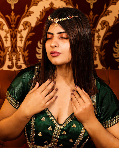 Bridal Kundan Sheeshpatti Matha Patti with Pearl Drop | Indian Wedding Head Jewelry | Traditional Gold Headpiece with Red Green Stones