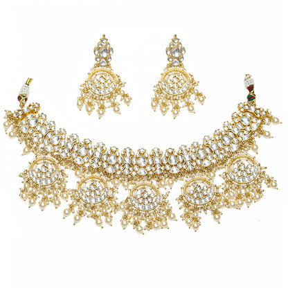 Gold Kundan Choker Necklace Set with Earrings, Bridal Polki Jewelry Set, Pearl Drop Indian Wedding Jewelry, Traditional Ethnic Statement Set