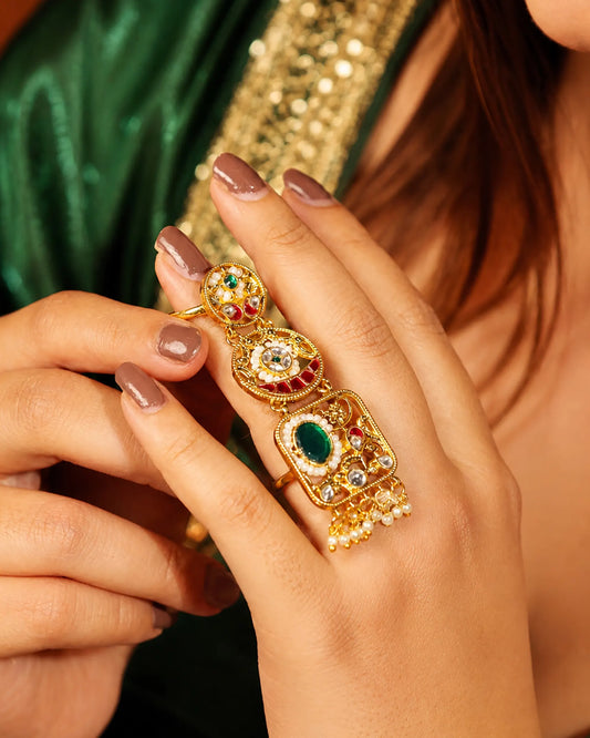 Red Meenakari Kundan Ring with Pearl Border, Antique Gold Adjustable Statement Ring Jewelry