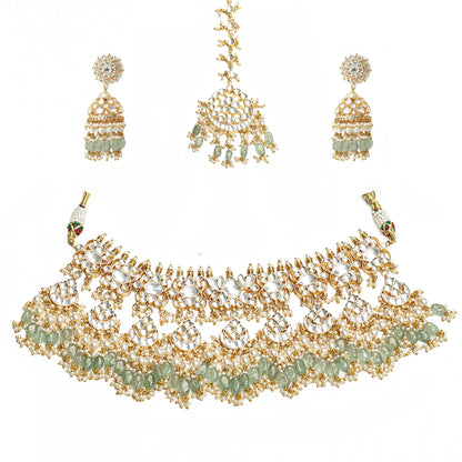 Gold Kundan Bridal Necklace Set with Maang Tikka & Jhumka Earrings, Green Beaded Wedding Jewelry, Bridal Choker Set, Pearl Polki Jewelry