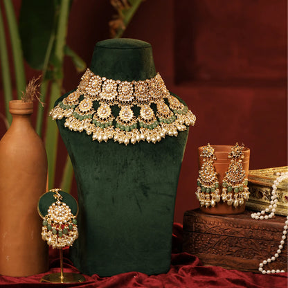 Kundan Choker Set Jewelry with Green Beads, Bridal Necklace Set with Drop Earrings, Indian Wedding Jewelry