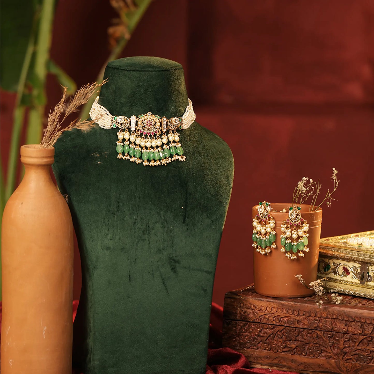 Kundan Pearl Bridal Choker Necklace Set with Green Drops Indian Jewelry