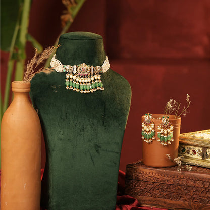 Kundan Pearl Bridal Choker Necklace Set with Green Drops Indian Jewelry