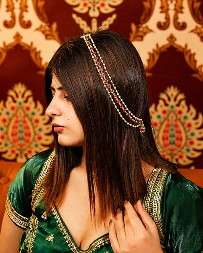 Kundan Sheeshpatti Bridal Matha Patti with Red Stones & Pearls | Traditional Indian Head Jewelry | Wedding Maang Tikka Hair Accessory