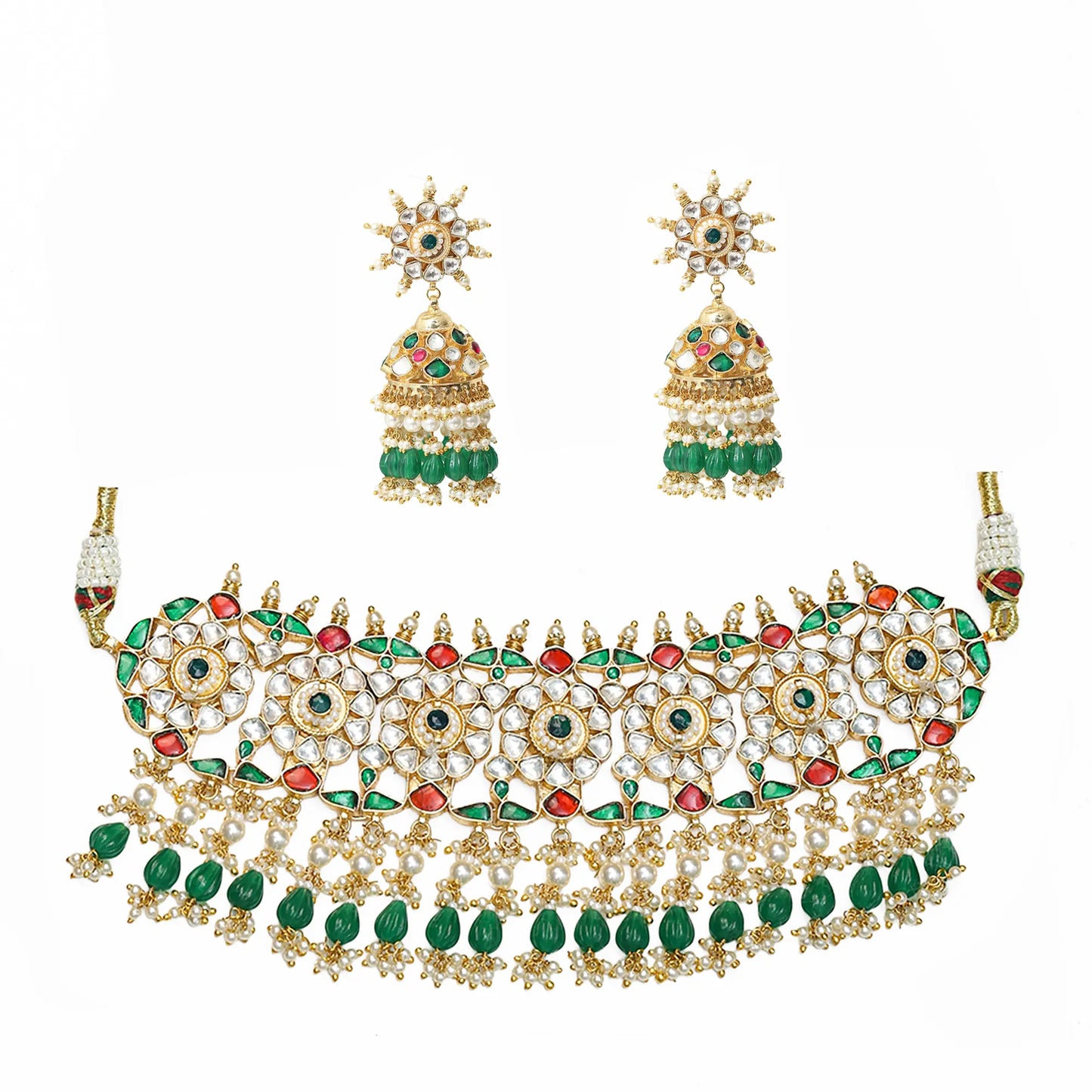 Gold Kundan Bridal Choker Set with Jhumka Earrings, Red Green Stone Necklace, Indian Wedding Jewelry Set, Pearl Drop Bridal Jewelry