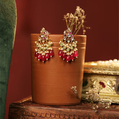 Pink Beaded Kundan Choker Necklace Set, Indian Bridal Jewelry, Gold Plated Choker with Red Drops, Wedding Jewelry Set with Earring Necklace