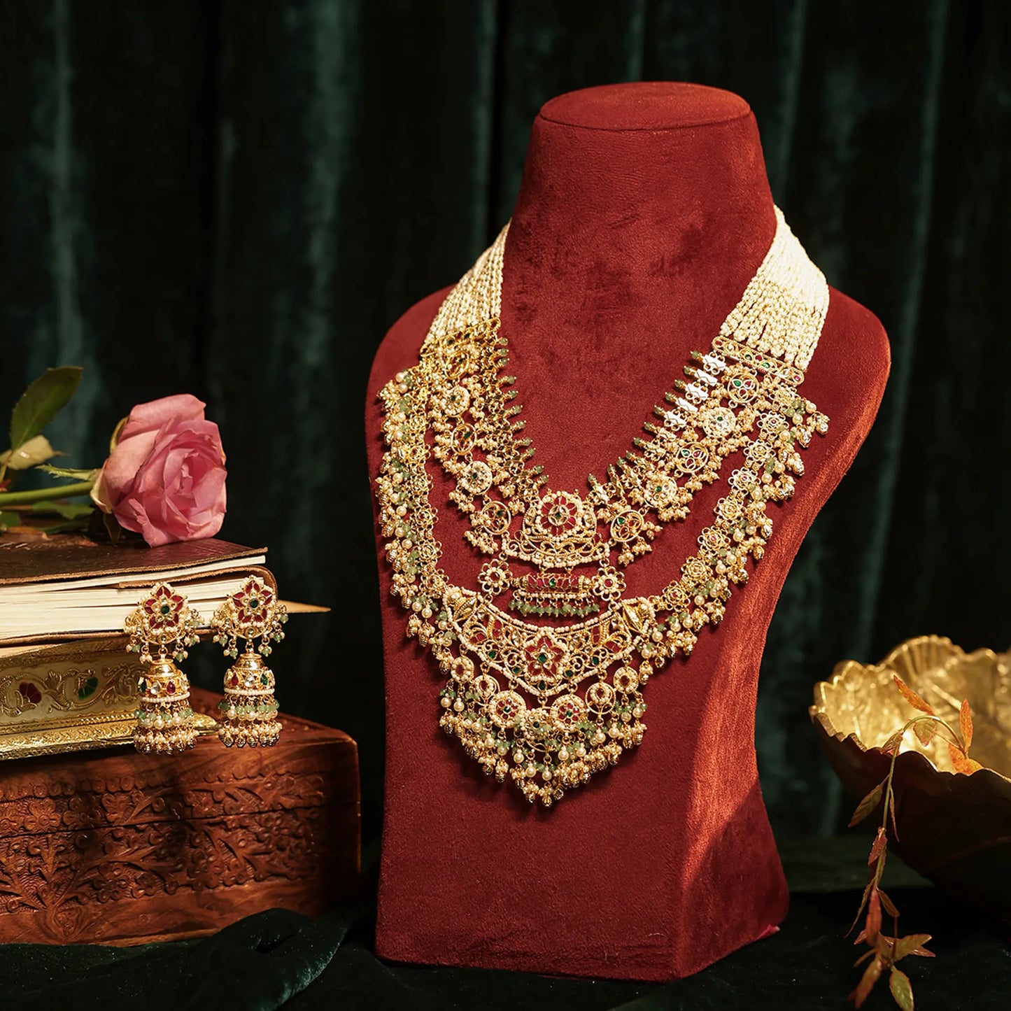 Royal Layered Kundan Pearl Choker Set, Heavy Bridal Wedding Necklace with Long Earrings