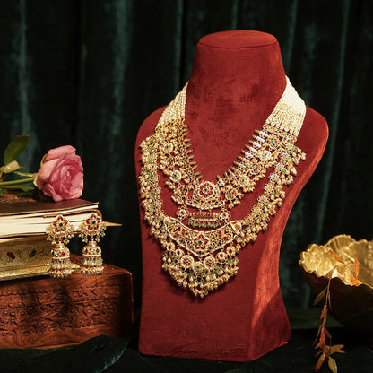 Royal Layered Kundan Pearl Choker Set, Heavy Bridal Wedding Necklace with Long Earrings