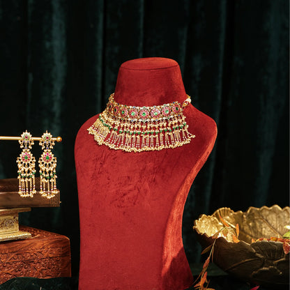 Gold Plated Pink Kundan & Pearl Choker Set Necklace Traditional Indian Wedding Jewelry