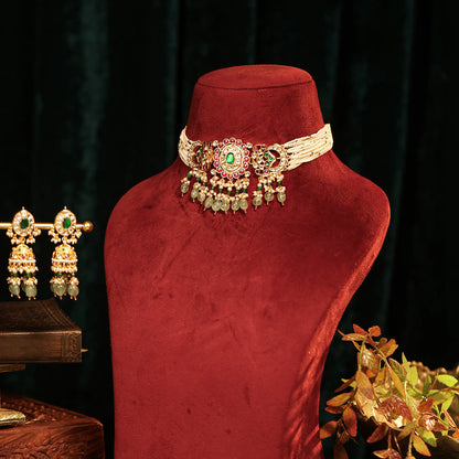 Kundan Pearl Choker Set with Beads  Gold Polki Bridal Necklace & Earrings, Indian Wedding Jewelry, Traditional Ethnic Choker Necklace
